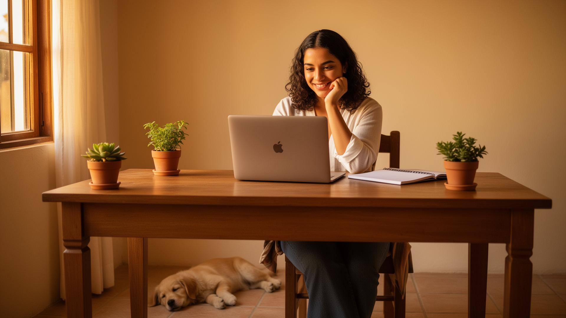 Mujer pensando frente a su laptop en casa eligiendo el colgador ideal para su perro, que descansa a sus pies