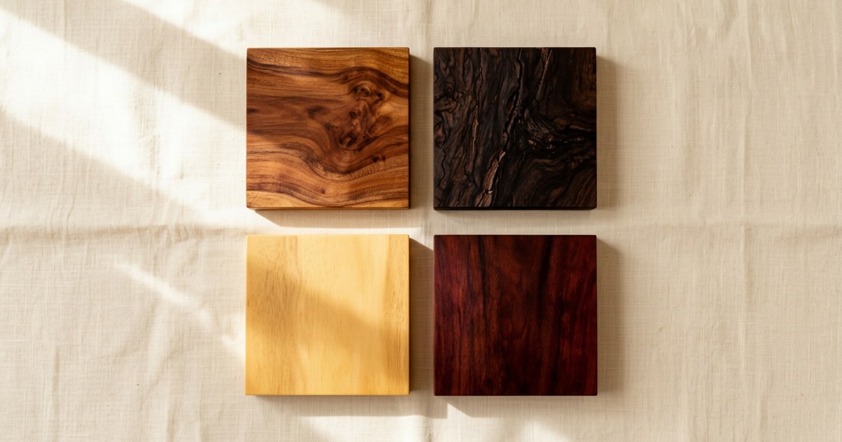 Muestras de madera parota, tzalam y zapote para accesorios de mascotas hechos en México