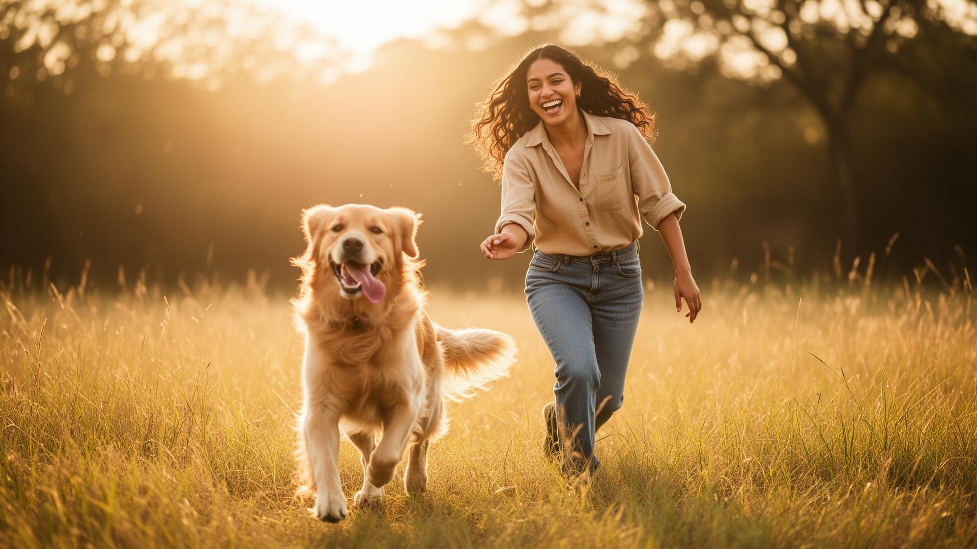 Mujer feliz jugando con su perro en un campo iluminado por la luz dorada del atardecer